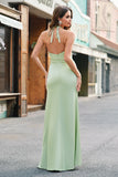 Mermaid Halter Dusty Blue Long Satin Bridesmaid Dress