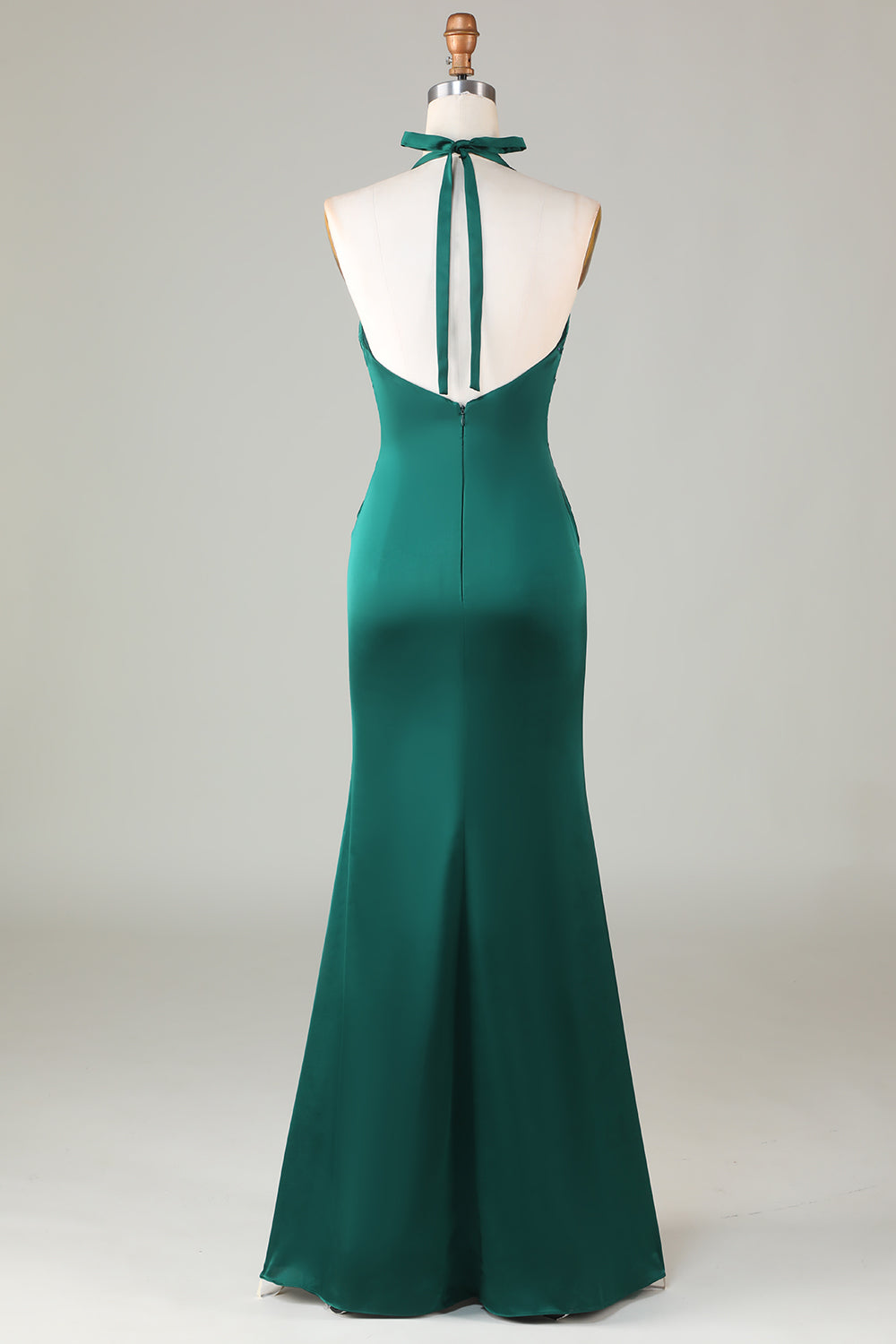 Dark Green Mermaid Halter Ruched Satin Long Bridesmaid Dress