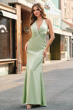 Dusty Sage Satin Sheath Halter Long Bridesmaid Dress