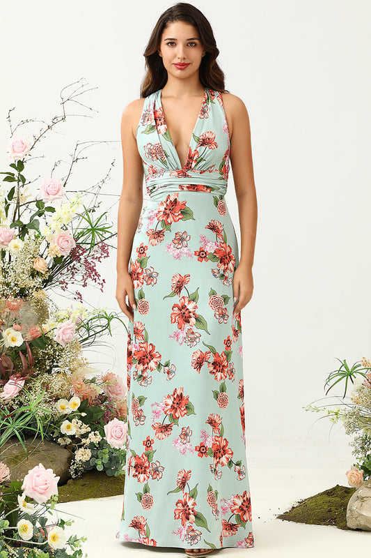 A Line Deep V Neck Green Printed Long Bridesmaid Dress