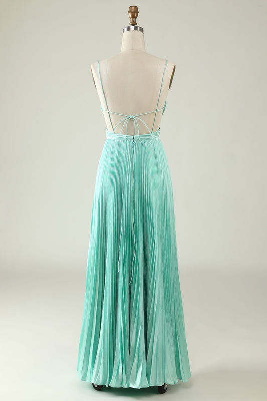 Light Green Spaghetti Straps Pleated Long Bridesmaid Dress