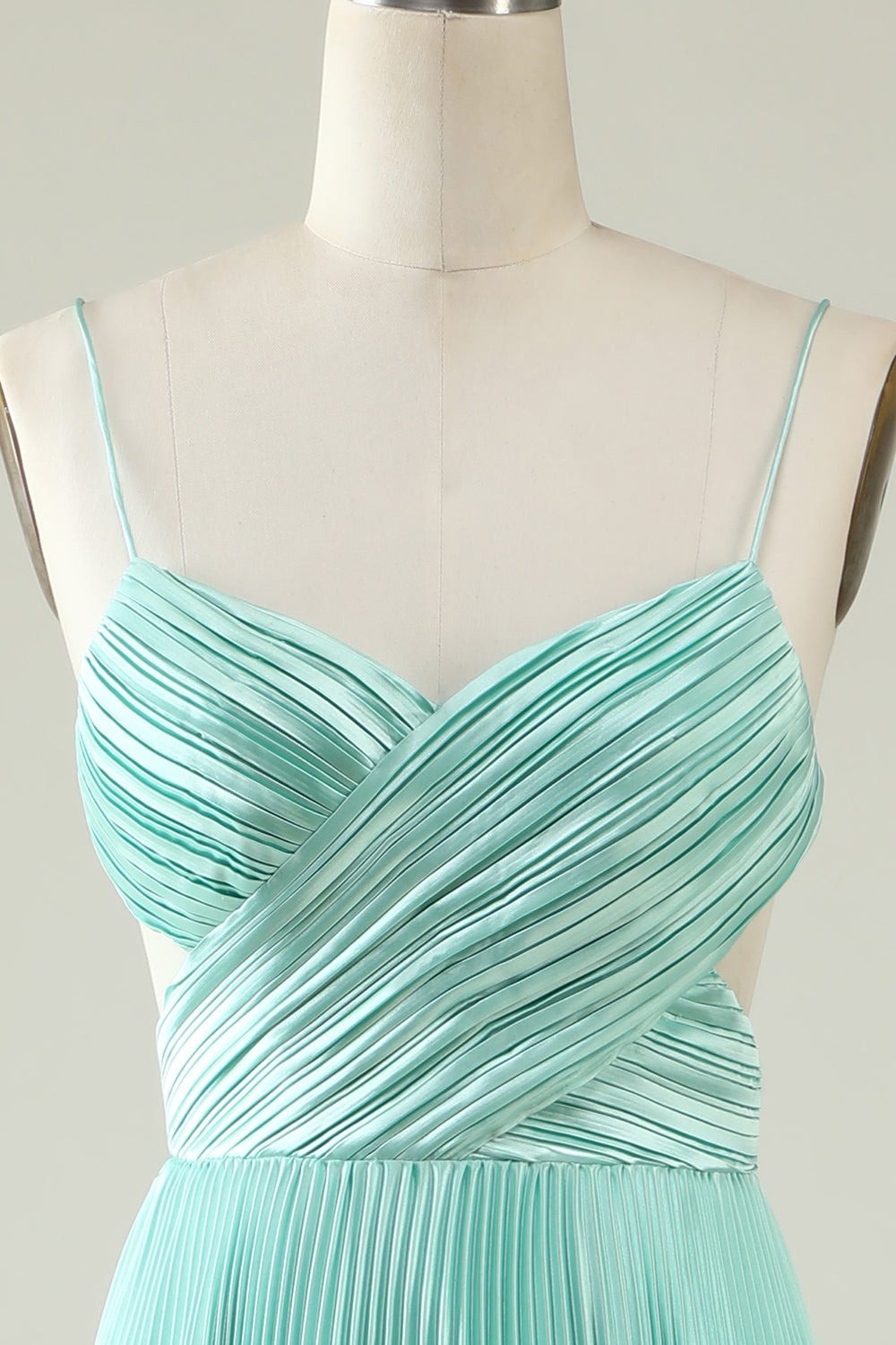 Light Green Spaghetti Straps Pleated Long Bridesmaid Dress