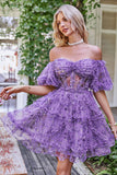 Dark Purple Off The Shoulder Short Homecoming Dress