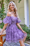 Dark Purple Off The Shoulder Short Homecoming Dress