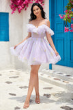 A-Line Spaghetti Straps V-Neck Embroidery Lavender Short Homecoming Dress