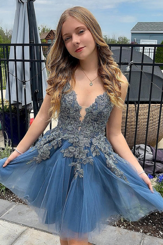 Spaghetti Straps Grey Blue Short Tulle A Line Homecoming Dress with Appliques