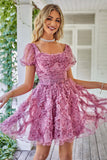 A-Line Square Neck Dusty Rose Short Homecoming Dress