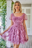 A-Line Square Neck Dusty Rose Short Homecoming Dress