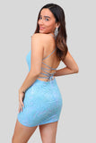 Sparkly Tight Blue Beaded Spagetti Straps Short Homecoming Dress