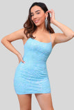 Sparkly Tight Blue Beaded Spagetti Straps Short Homecoming Dress