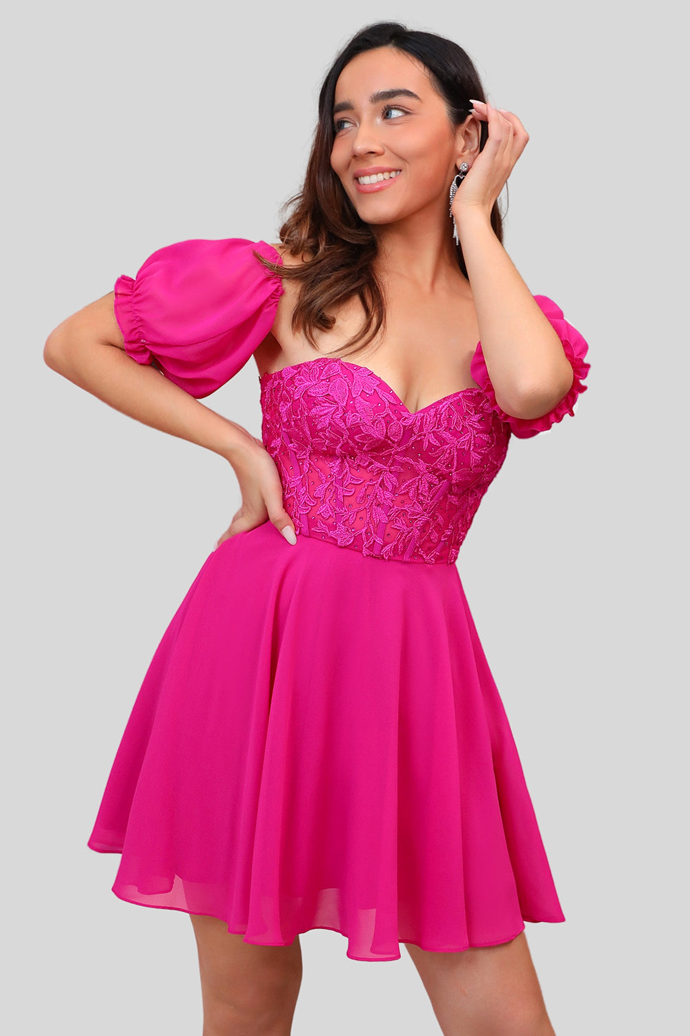 Fuchsia Corset Off The Shoulder Chiffon Short Homecoming Dress with Lace