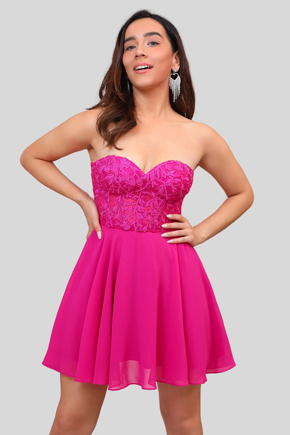 Fuchsia Corset Off The Shoulder Chiffon Short Homecoming Dress with Lace