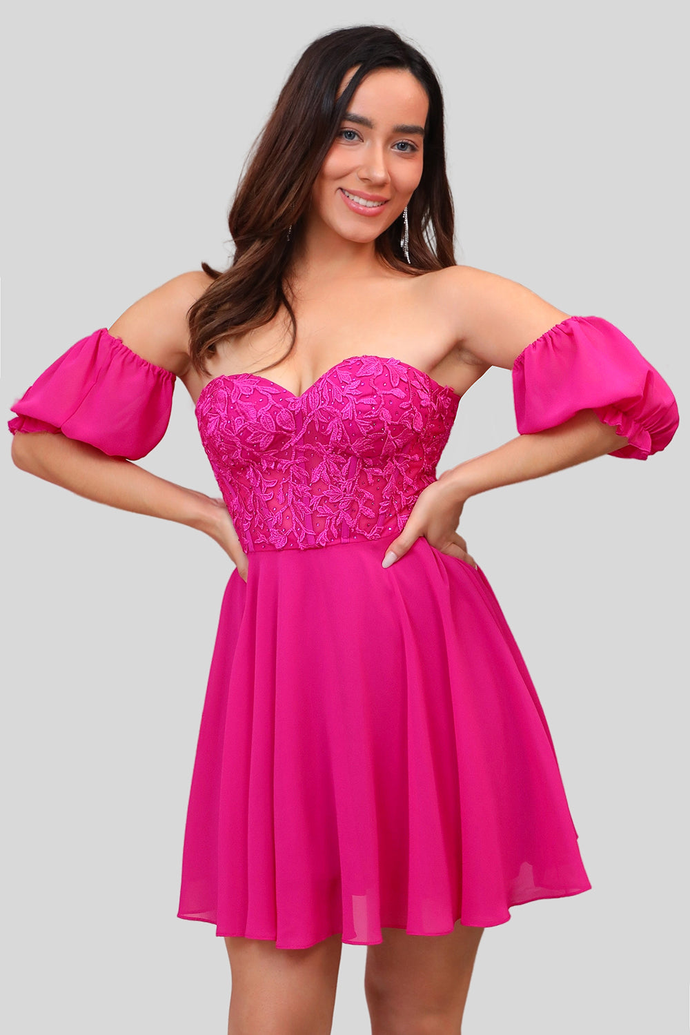 Fuchsia Corset Off The Shoulder Chiffon Short Homecoming Dress with Lace