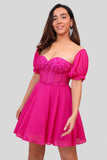 Fuchsia Corset Off The Shoulder Chiffon Short Homecoming Dress with Lace