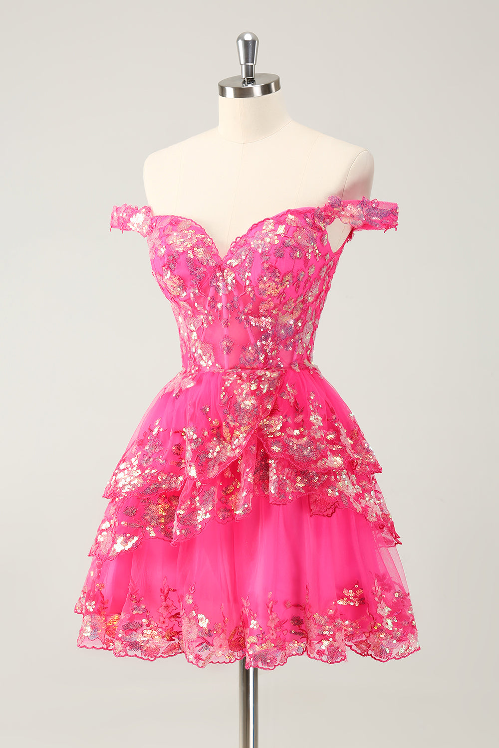 Cute Sparkly Hot Pink A Line Tiered Corset Lace Short Homecoming Dress