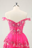 Cute Sparkly Hot Pink A Line Tiered Corset Lace Short Homecoming Dress