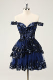 Sparkly Black A Line Off The Shoulder Corset Tiered Lace Short Homecoming Dress