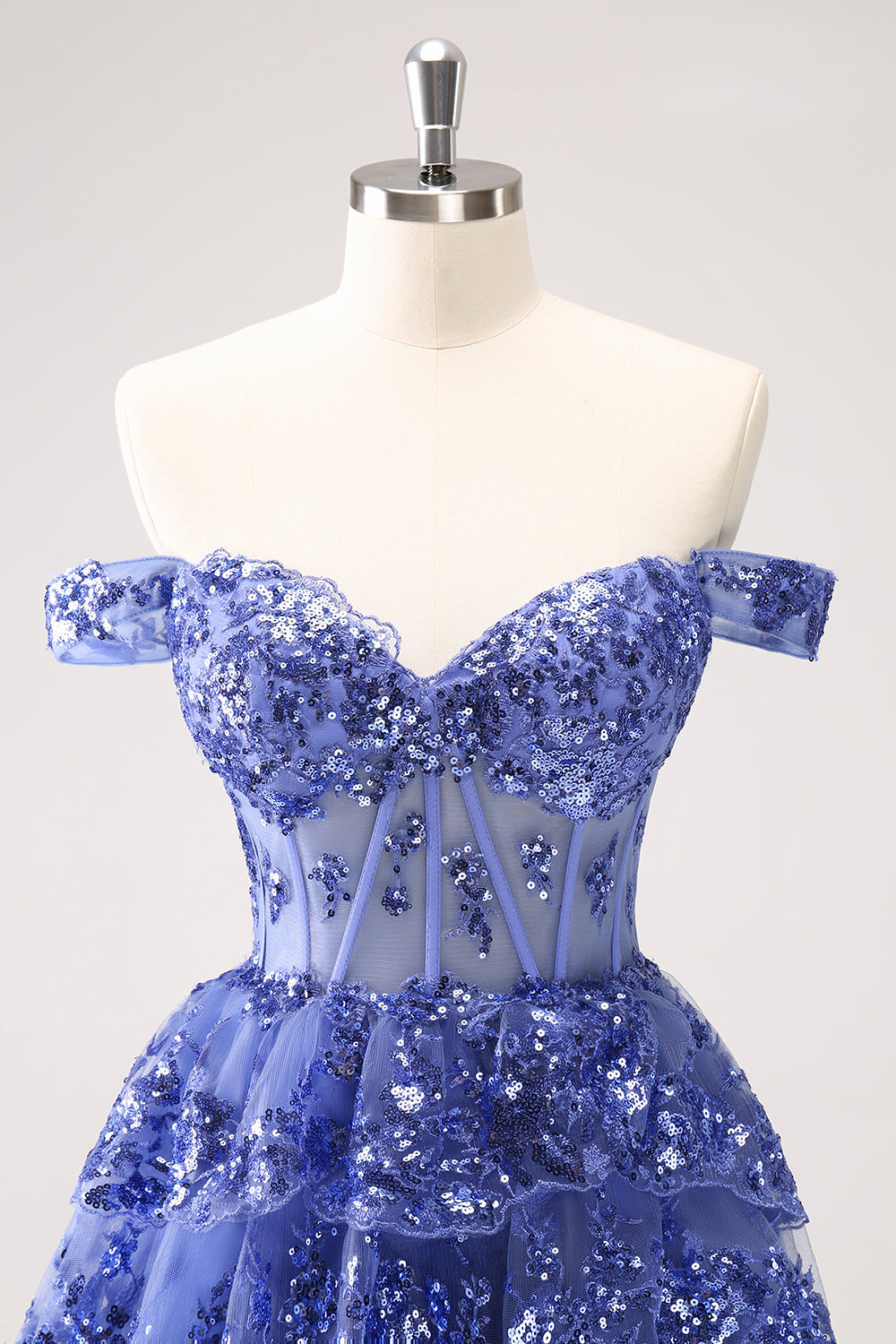 Sparkly A Line Off the Shoulder Dark Blue Corset Homecoming Dress with Ruffles