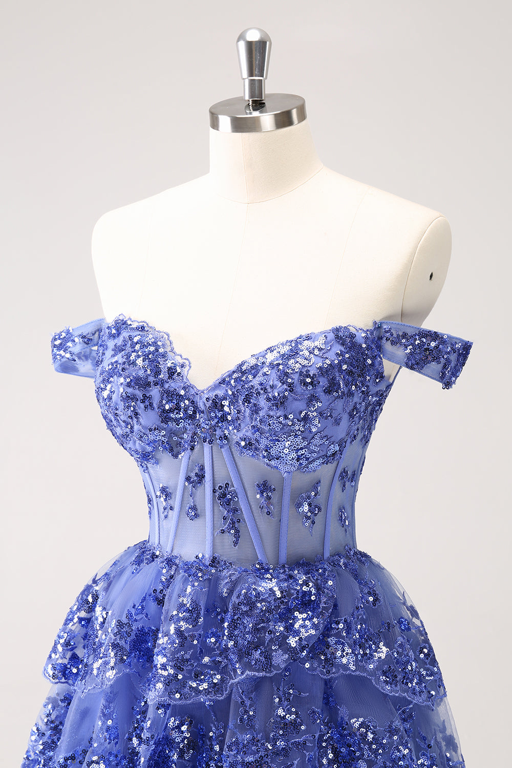 Sparkly A Line Off the Shoulder Dark Blue Corset Homecoming Dress with Ruffles