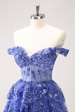 Sparkly A Line Off the Shoulder Dark Blue Corset Homecoming Dress with Ruffles