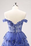 Sparkly A Line Off the Shoulder Dark Blue Corset Homecoming Dress with Ruffles