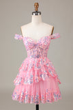 Cute Sparkly Hot Pink A Line Tiered Corset Lace Short Homecoming Dress