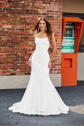  White Mermaid Lace Long Wedding Dress Spaghetti Straps Bridal Dress