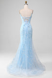 Light Blue Sparkly Beaded Mermaid Long Prom Dress