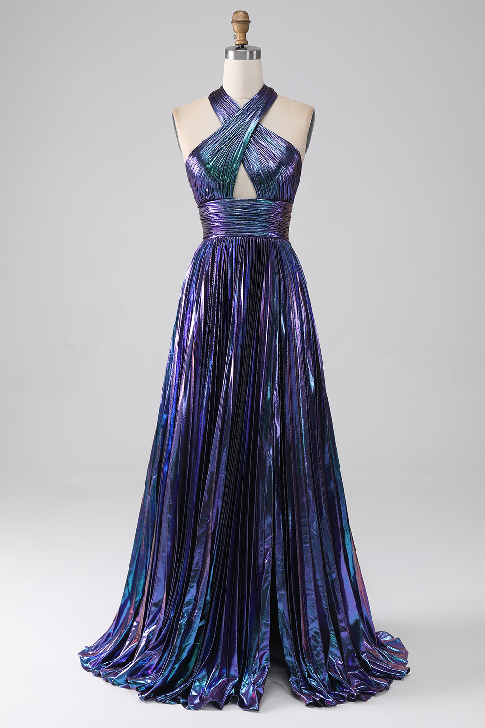 Sparkly Purple Halter A Line Prom Dress with Pleated