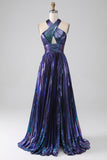 Sparkly Purple Halter A Line Prom Dress with Pleated