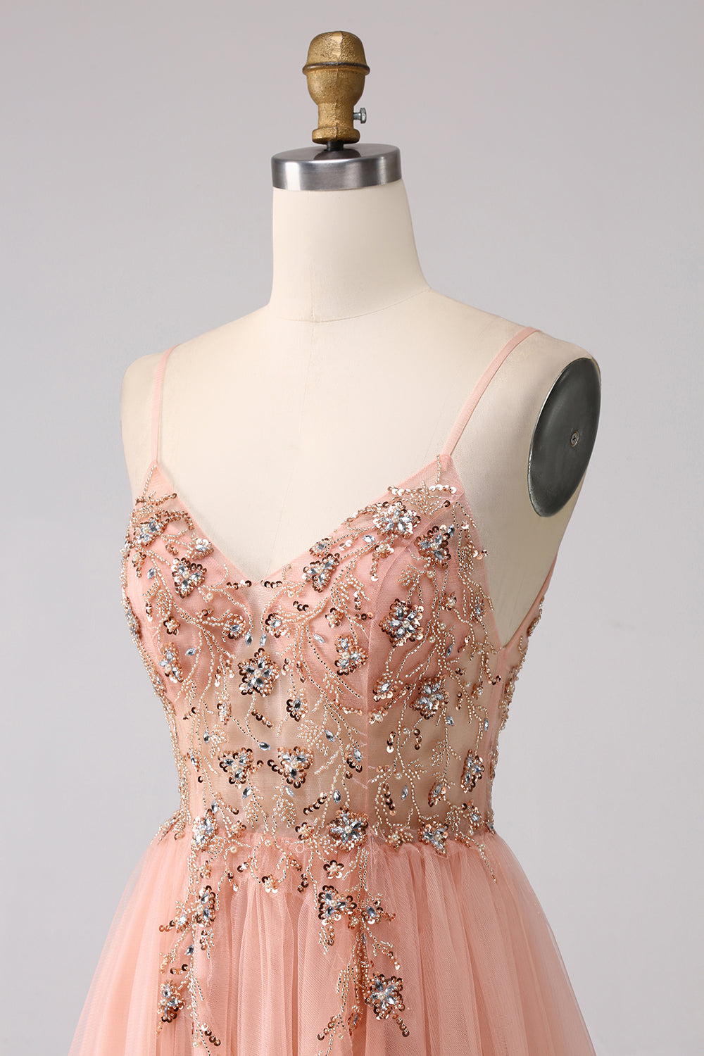 Sparkly Blush A Line Sequins Spaghetti Straps Long Prom Dress With Slit