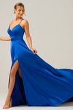 A Line Spaghetti Straps Royal Blue Satin Prom Dress with Slit