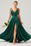 Dark Green A-Line Spaghetti Straps Ruched Long Bridesmaid Dress with Slit