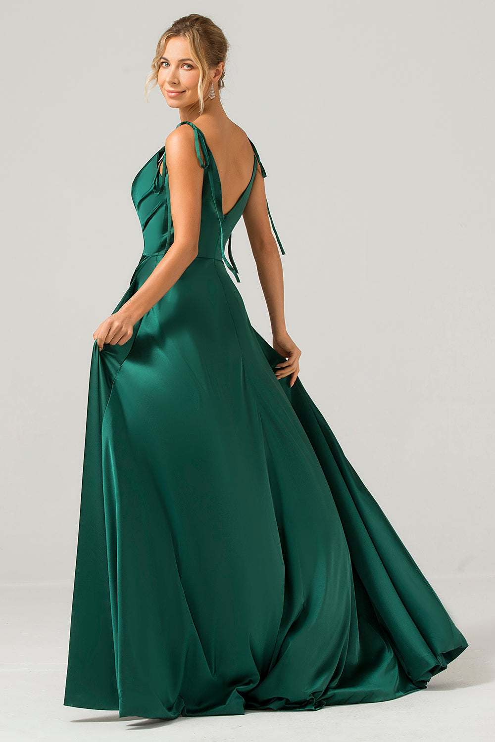 Dark Green A-Line Spaghetti Straps Ruched Long Bridesmaid Dress with Slit