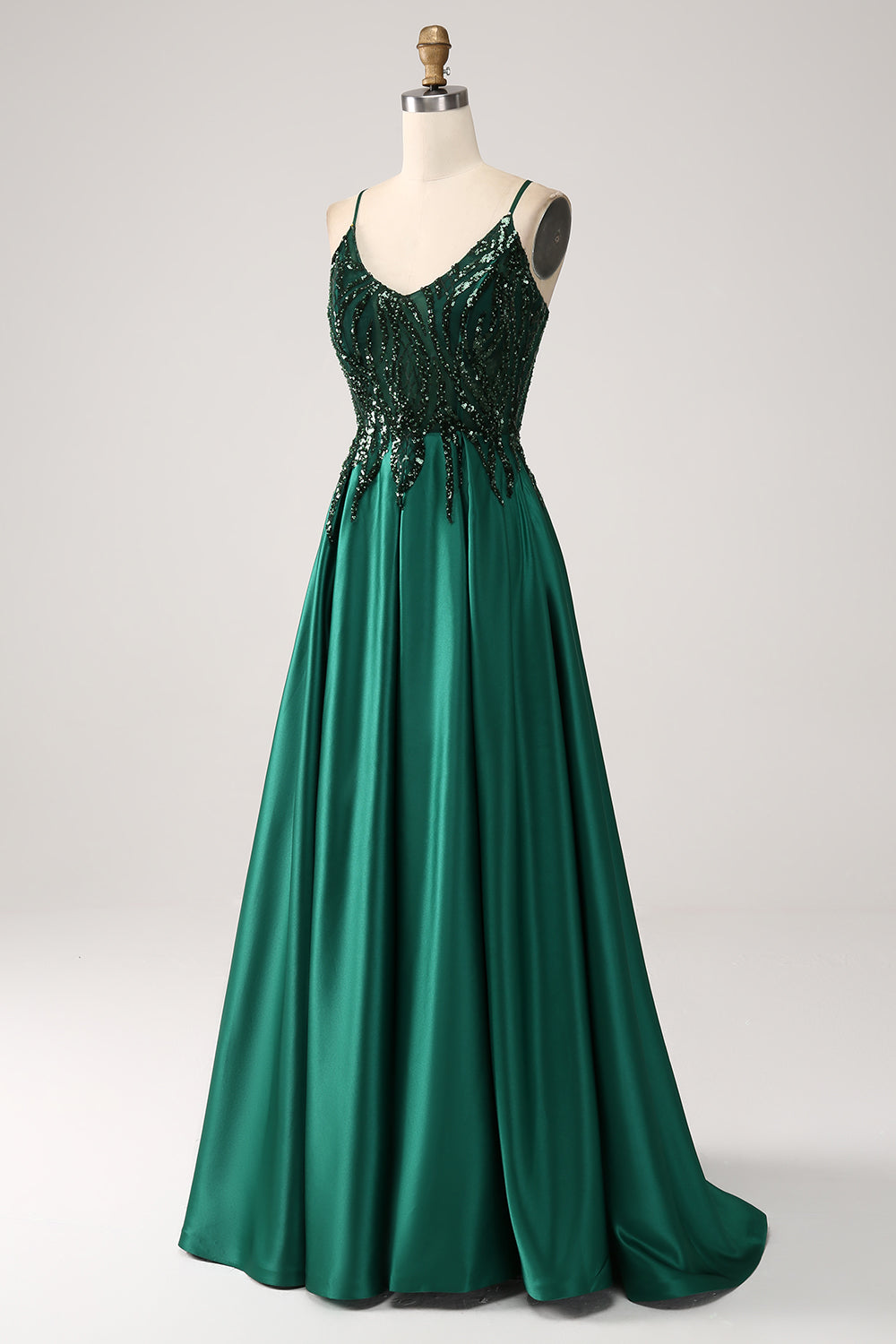 Dark Green A-Line Spaghetti Straps Long Prom Dress