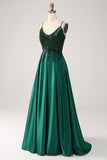 Dark Green A-Line Spaghetti Straps Long Prom Dress