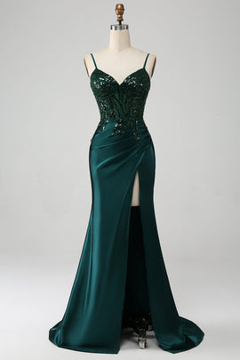 Sparkly Dark Green Mermaid Sequin Pleated Corset Prom Dress With Slit