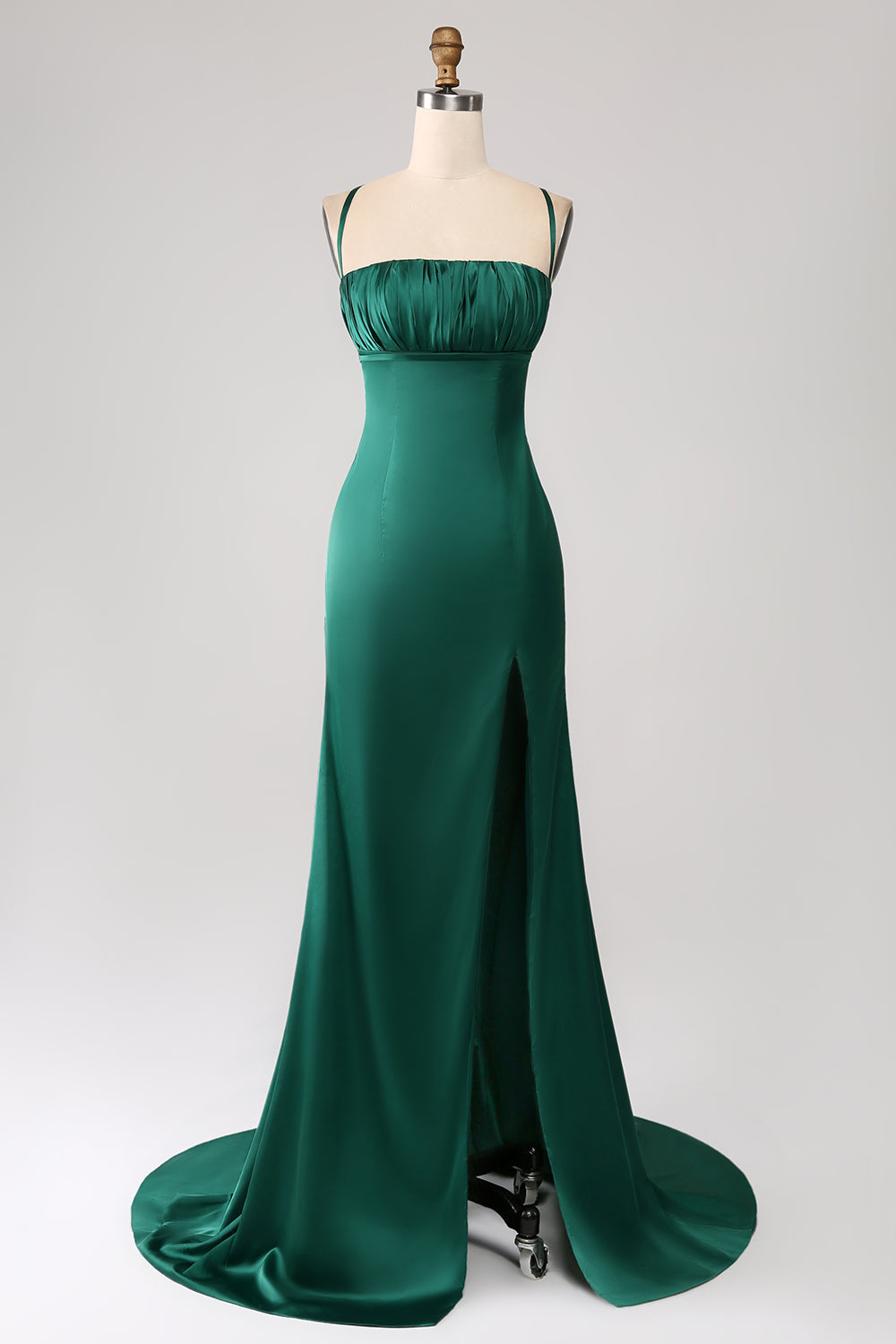 Dark Green Mermaid Spaghetti Straps Satin Prom Dress with Pleated