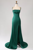 Dark Green Mermaid Spaghetti Straps Satin Prom Dress with Pleated