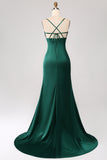 Dark Green Mermaid Spaghetti Straps Satin Prom Dress with Pleated