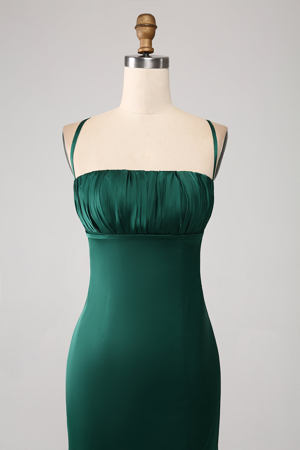 Dark Green Mermaid Spaghetti Straps Satin Prom Dress with Pleated