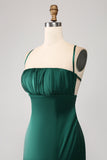 Dark Green Mermaid Spaghetti Straps Satin Prom Dress with Pleated