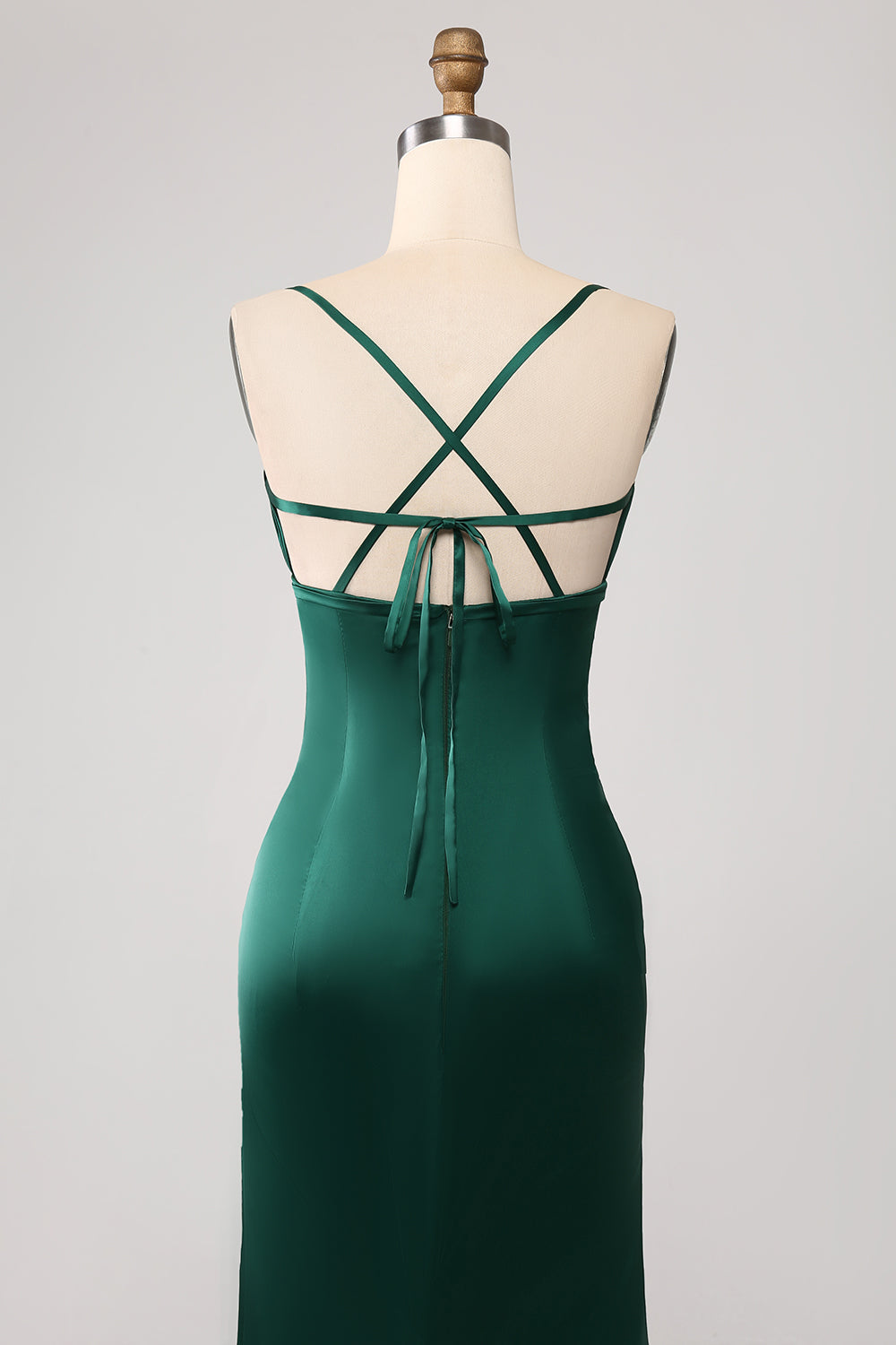 Dark Green Mermaid Spaghetti Straps Satin Prom Dress with Pleated