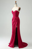 Burgundy Mermaid Spaghetti Straps Long Corset Prom Dress with Slit