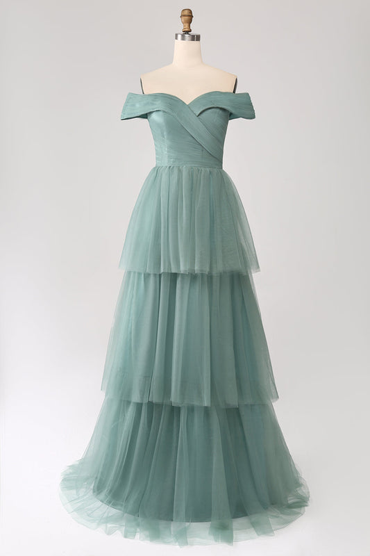 Grey Green A Line Off the Shoulder Tiered Tulle A Line Prom Dress