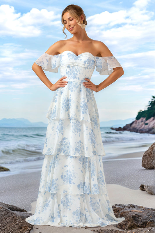 White Blue Floral Off The Shoulder Long Bridesmaid Dress with Ruffles