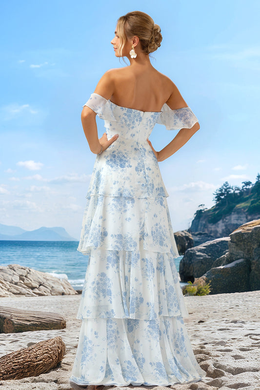 White Blue Floral Off The Shoulder Long Bridesmaid Dress with Ruffles