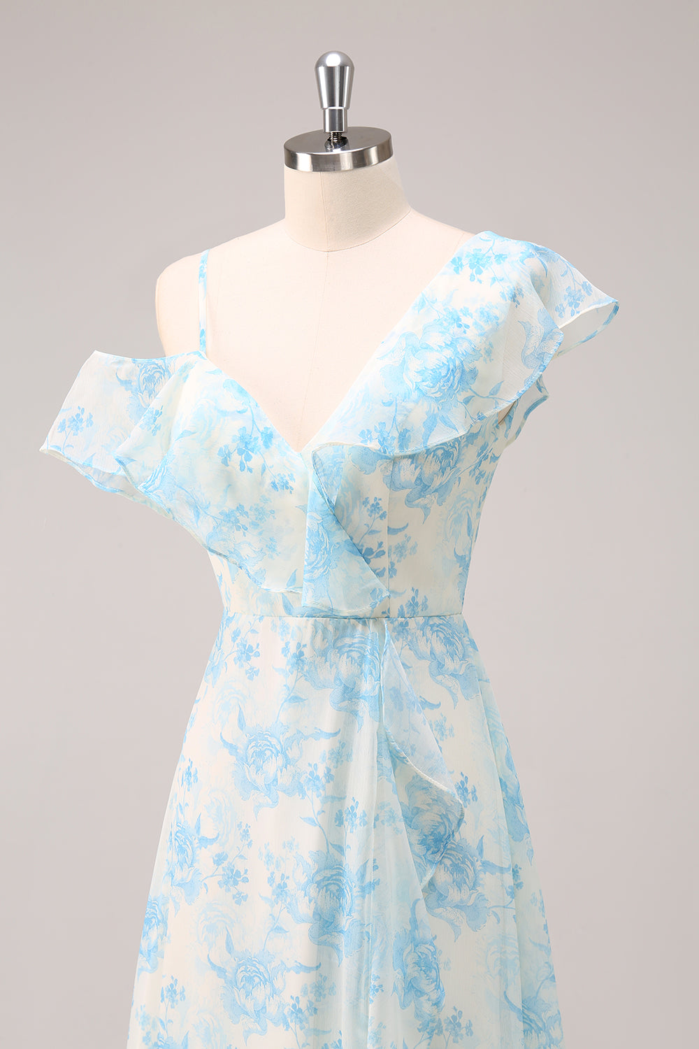 Stylish A-Line White Blue Flower Chiffon Bridesmaid Dress with Slit