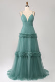 Green A Line Spaghetti Straps Tulle Long Prom Dress with Ruffles