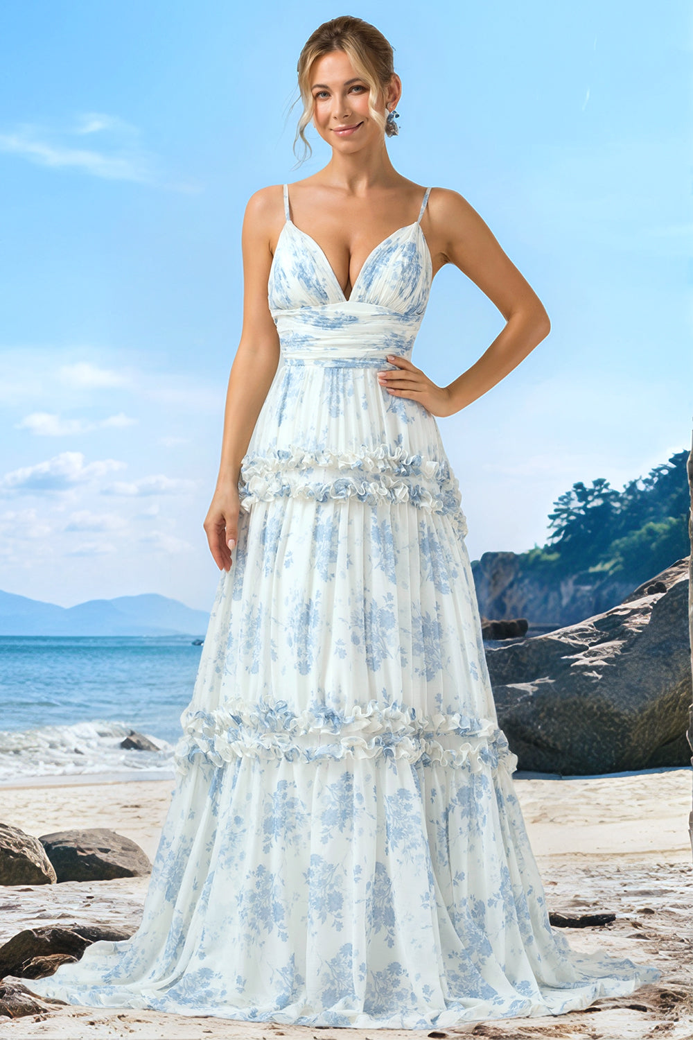 White Blue Flower Spaghetti Straps Long Bridesmaid Dress with Ruffles